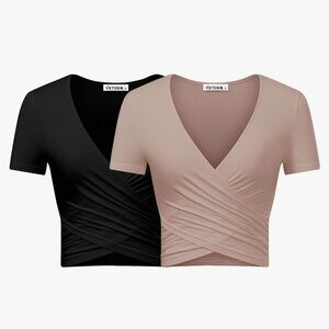 Vetior - 2 V-Neck Wrap Crop Tops - Black and Beige